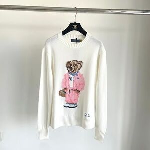 Ralph Lauren Women's Cream Sweater with Pink Bear Design